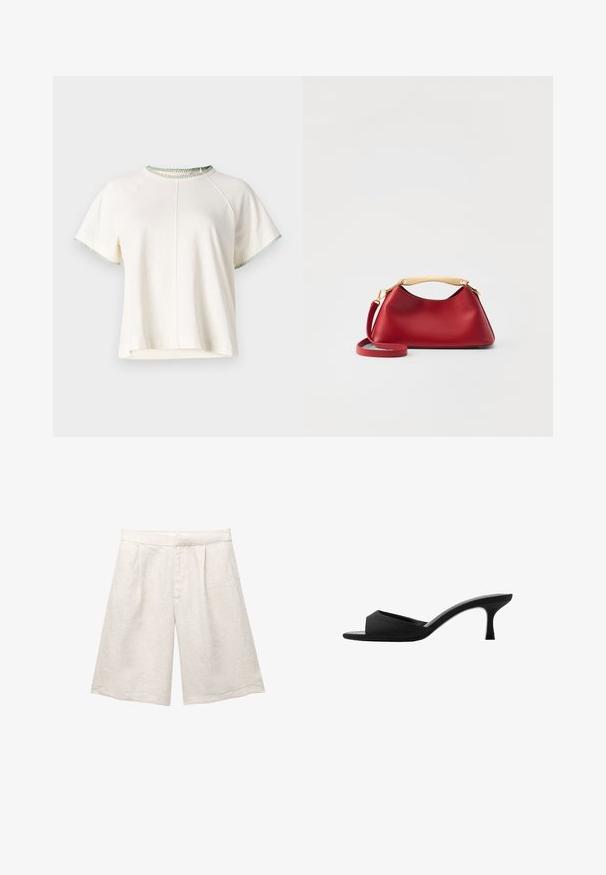 CLOSED - T-shirt basic; Beżowe lniane szorty o szerokich nogawkach, z plisami z przodu i gładkim pasem. Materiał ma lekko teksturowane wykończenie.; Czarne klapki na wysokim obcasie z szerokim, otwartym noskiem i zakrzywioną cholewką. Wykonane z teksturowanej tkaniny, z wąskim obcasem i gładką podeszwą.; Elleme MINI BOOMERANG czerwony