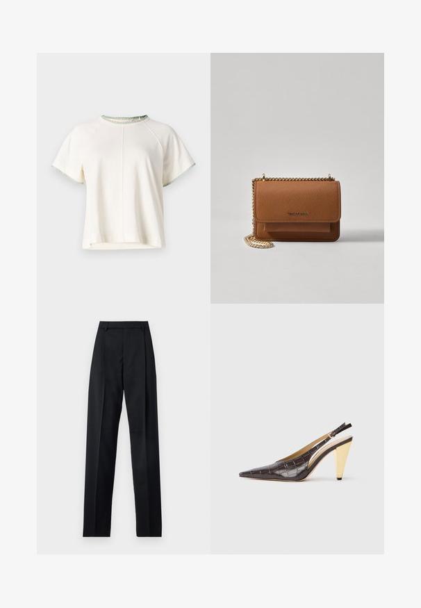 CLOSED T-Shirt basic - white; Schwarze Hosen aus glattem Stoff mit hoher Taille, weitem Bein, vorderen Falten und klassischen Gürtelschlaufen. Keine sichtbaren Seitentaschen.; Spitz zulaufender Slingback-Absatzschuh aus glänzendem, dunkelbraunem Kunstcrocodilleder. Verfügt über einen goldfarbenen geometrischen Absatz und einen verstellbaren Knöchelriemen.; Braune strukturierte Ledertasche mit goldener Kettenriemen und Klappenverschluss. Die Vorderseite zeigt ein Logo-Detail und eine Tasche unter der Klappe.