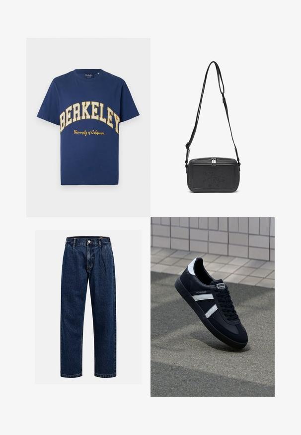 Camiseta de algodón azul marino con "BERKELEY" en letras amarillas en negrita y "Universidad de California" en una tipografía más pequeña debajo.; Jeans de mezclilla azul oscuro con un diseño de pierna recta. Presentan costura visible, cierre de botón y pliegues frontales para un detalle adicional.; Zapatilla de cuero negra con rayas blancas, suela de goma texturizada y parte frontal con cordones. Cuenta con una etiqueta de marca en la lengüeta.; Bolso cruzado de piel negra con cierre de cremallera, logotipo embossing en el frente y correa ajustable. Textura suave con forma rectangular.