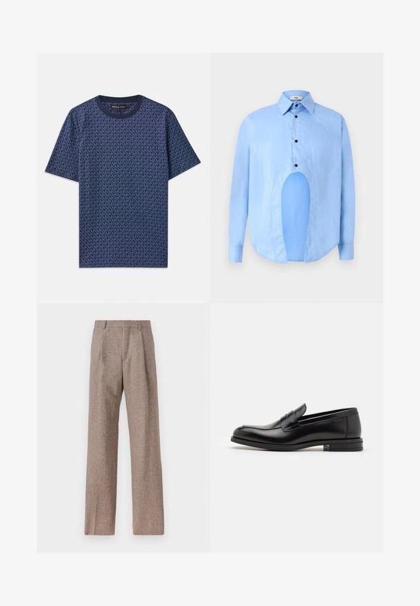 Mørkeblå bomulds T-shirt med et geometrisk MK-logo mønster. Har rund hals og korte ærmer, med tekstureret stof over det hele.; Lysblå langærmet skjorte med spids krave, sorte knapper og et unikt udskæring foran for et særpræget design.; Brune, højtaljede bukser lavet af tekstureret stof. Har brede ben og to frontfoldninger for struktur. Pæn finish uden synlig hardware.; Sorte læderloafers med en glat overflade, rund tå og en dekorativ strop over vampen. Lav hæl med stabeldesign, minimalistisk stil.