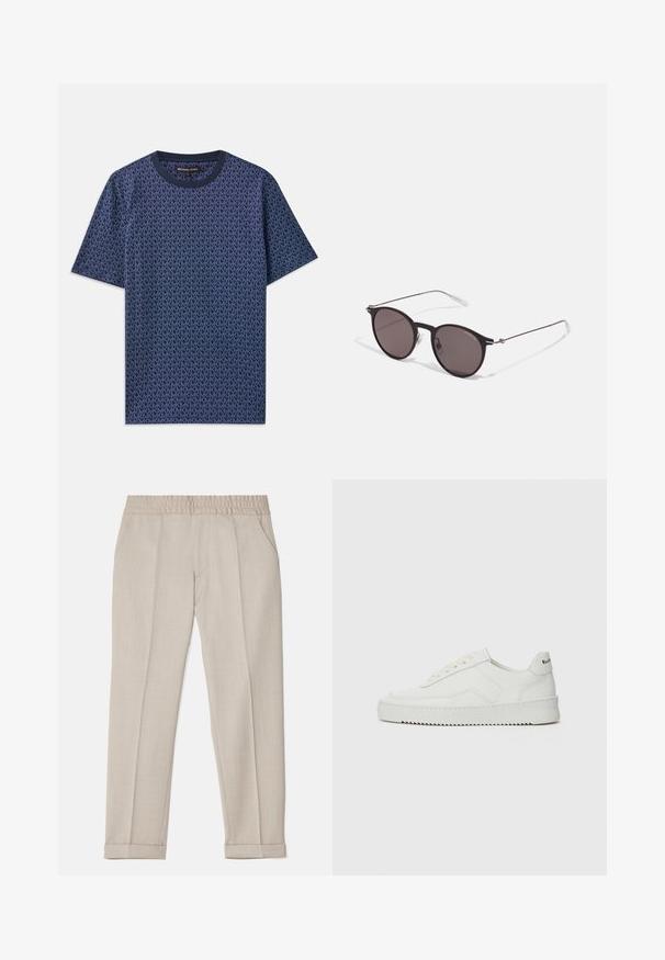 Jūrinės mėlynos spalvos medvilninė marškinėliai su geometriniu MK logotipo raštu. Turi apvalią iškirptę ir trumpas rankoves, su tekstūriniu audiniu visame paviršiuje.; Filippa K TERRY CROPPED TROUSERS - Kelnės - sage melange; Balti odiniai sportiniai bateliai su lygia apdaila, apvaliu pirštu, plokščiais raišteliais ir tekstūruotu padu. Pasižymi subtiliu logotipu ant kulno.; Juodos apvalios saulės akinių su tamsiais lęšiais ir plonomis metalinėmis šakomis. Įtraukti skaidrūs šventyklų galai ir sidabriniai akcentai vyrio srityje. Minimalistinis dizainas.