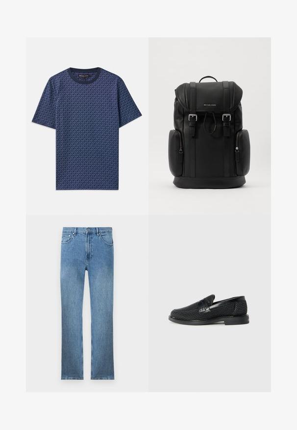 Námornícky modré bavlnené tričko s geometrickým vzorom loga MK. Má okrúhly výstrih a krátke rukávy, s textúrovanou látkou po celom povrchu.; Svetlomodré džínsy s rovnom strihom, piatimi vreckami, zipsom a kontrastným prešívaním. Tkanina má hladký, textúrovaný povrch.; Čierne tkané slip-on topánky s hladkým koženým akcentom na vrchnej časti, s okrúlym dizajnom špičky a nízkoprofilovou gumovou podrážkou.; Čierny kožený batoh s textúrovaným povrchom, klopou na zatváranie, kovovými doplnkami, bočnými zipsovými vreckami a logom značky na prednej strane.
