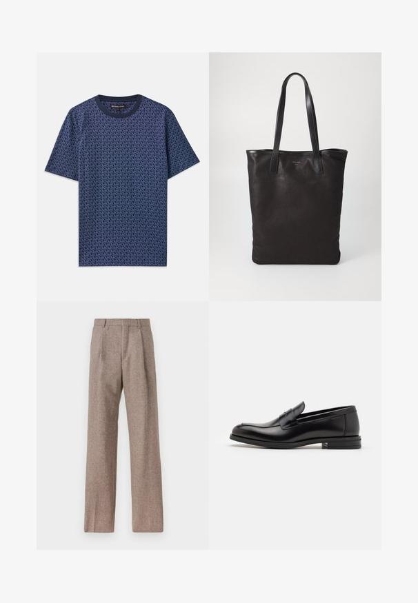 Marineblauwe katoenen T-shirt met een geometrisch MK-logo patroon. Beschikt over een ronde hals en korte mouwen, met een textuur in de stof.; Bruine, hooggewaisted broeken van een gestructureerde stof. Heeft wijde benen en twee voorplooien voor extra structuur. Net afgewerkt zonder zichtbare hardware.; Zwarte leren instappers met een gladde textuur, ronde neus en een decoratieve band over de wreef. Lage, gestapelde hak en minimalistisch ontwerp.; Zwarte canvas schoudertas met zwarte leren handvaten. Eenvoudig ontwerp, ruime body en een gladde textuur. Geen zichtbare logo's of patronen.