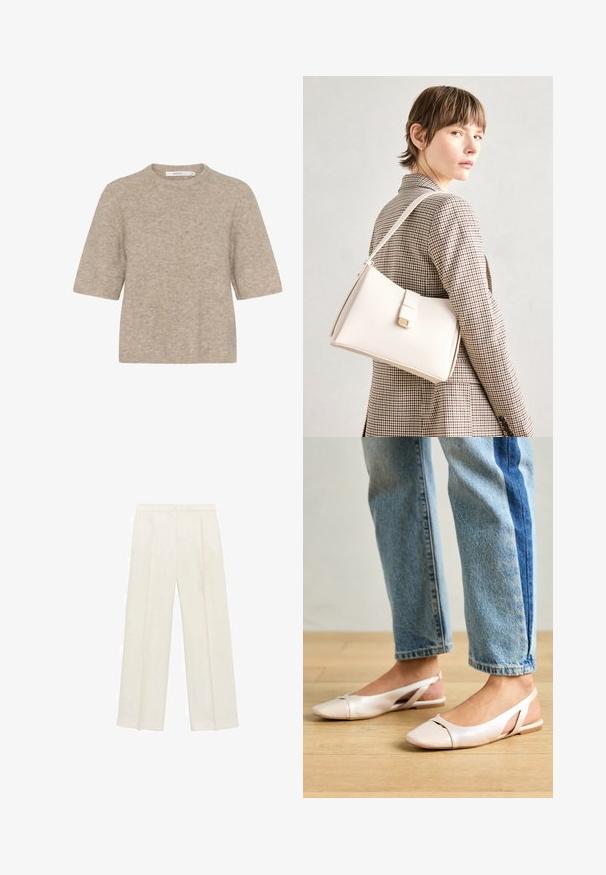 Pulover bej cu mânecă scurtă, fabricat dintr-un material tricotat moale, având un guler rotund și o croială lejeră. Textura este ușor pufoasă.; Pantaloni cu picioare largi, de culoare crem deschis. Realizați dintr-un material neted, cu plisuri în față și buzunare laterale.; Sandalete plate de un roz pal cu vârf ascuțit, realizate dintr-un material asemănător pielii, neted. Prezintă detalii decupate pe laterale și un toc plat.; Geantă de mână din piele albă cu un design structurat, având o închidere magnetică și un breteau, expusă pe un fundal neutru.