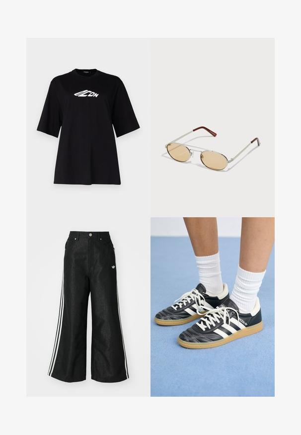 Sort bomulds-t-shirt med løs pasform, korte ærmer og rund halsudskæring, med et hvidt grafisk logo på forsiden. Glat tekstur, minimalistisk design.; Sorte vide denim bukser med tre hvide striber på hver side og et lille hvidt logo. Indeholder forlommer og en knaplukning.; Sorte lædersneakers med hvide striber, rund tå, hvide snørebånd og gummisål. Fremhævet af polstret krave og brandingdetaljer.; Metal solbriller med ovale, lysebrune tonede linser. Slank sølvfarvet stel med teksturerede detaljer og rødbrune spidser på stængerne.