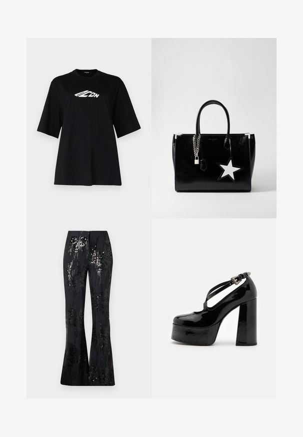 Schwarzes Baumwoll-T-Shirt mit lockerer Passform, kurzen Ärmeln, Rundhalsausschnitt und einem weißen Grafik-Logo auf der Vorderseite. Glatte Textur, minimalistisches Design.; The Kooples PANTALON SEUL - Stoffhose - black; The Kooples CHAUSSURES - High Heel Pumps - black; Schwarze Handtasche aus lackiertem Leder mit eleganter Form. Mit silberner Kettenhardware, einem Schloss und einem weißen Sternelement an der Seite.