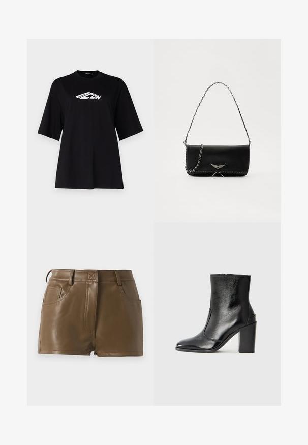 Schwarzes Baumwoll-T-Shirt mit lockerer Passform, kurzen Ärmeln, Rundhalsausschnitt und einem weißen Grafik-Logo auf der Vorderseite. Glatte Textur, minimalistisches Design.; Braune Kunstleder-Shorts mit tailliertem Schnitt, Bund mit Gürtelschlaufen, frontale Taschen und sichtbaren Steppnähten.; Schwarze Leder-Stiefelette mit glatter Textur, spitzem Fuß und klobigem hohen Absatz. Verfügt über eine seitliche Öffnung und ein minimalistisches Design.; Schwarze Lederhandtasche mit einem silbernen Kettenriemen, verziert mit dekorativen Flügelakzenten und weißen Nähten entlang der unteren Naht.
