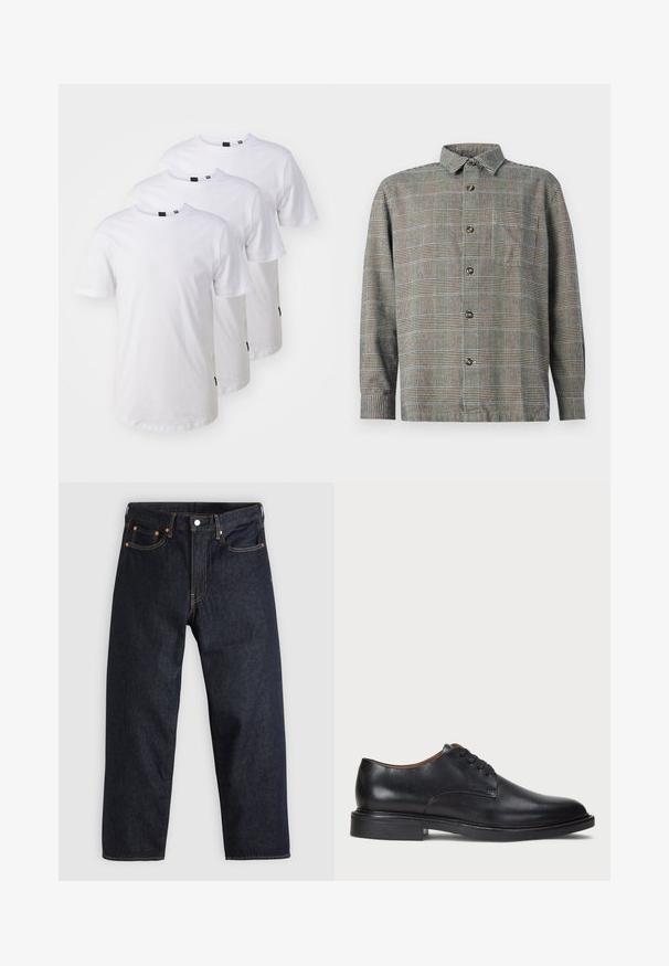 Trīs vienkāršas baltas kokvilnas T-krekli ar īsām piedurknēm un apaļu kakla izgriezumu. Uz apakšpuses redzamas birkas.; Garās piedurknes pogājama krekls bēšā un melnā pārbaudītā rakstā ar apkakli un priekšējo krūšu kabatu uz vienkrāsaina fona.; Tumši zili džinsi ar taisnu piegriezumu, piecām kabatām, kontrastējošiem apelsīnu diegiem un ar pogu aizdari. Nav redzamu rakstu vai rotājumu.; Melnas ādas kleitu kurpes ar apaļu purngalu, auklu dizainu un zemu sakrautu papēdi. Gluda virsma ar minimālām šuvju detaļām.