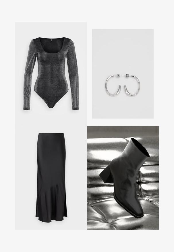 Čierny overal s dlhým rukávom a okrúhlym výstrihom, vyrobený z trblietavej textúrované látky, má priliehavý strih a vysoké nožnice.; Čierna saténová midi sukňa s elegantným dizajnom, so slabým rozšírením na okraji a bočným rozparkom pre pohodlie pri pohybe. Hladká textúra.; Čierne členkové topánky vyrobené z lesklého materiálu so štvorcovou špičkou a zúženým podpätkom, na lesklom striebornom podklade s vystuženým vzorom.; Strieborné kruhové náušnice s hladkým, lesklým povrchom, majú zakrivený tvar a zapínanie na puzetu. Minimalistický dizajn s moderným vzhľadom.