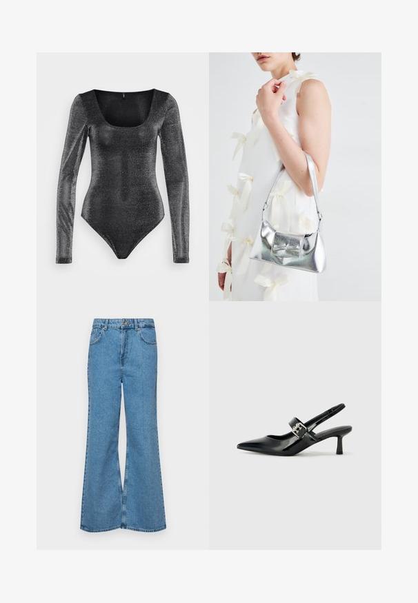 Must be kinnitus; see peene mustriga kangast valmistatud must pikaaegne bodysuit, millel on nurkadega kaelus, sobib vorm ja kõrged jalaaukude avad.; Heledad sinine flared teksade rõivad, millel on kõrge talje, viis taskut ja üks nupulukk. Pehme tekstuur ja pleekinud viimistlus.; Mustad patenteeritud nahast sildiga kontsad, millel on terav nina ja väike plokk-konts, mille rihmal on hõbedane pandla aksessuaar.; Hõbedane metallik käekott struktureeritud kujuga, millel on ülemine sang ja ettepoole suunatud paeladetail. Sile tekstuur, peegeldav viimistlus.