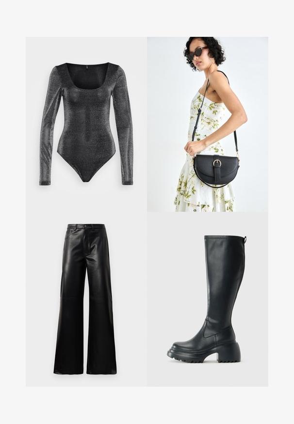 Black long-sleeve bodysuit with a scoop neckline, made of sparkly textured fabric, features a fitted shape and high-cut leg openings.; Black high-waist wide-leg faux leather pants with front button, zip closure, belt loops, and side pockets on white background.; Tall black leather boot with chunky platform sole and block heel, featuring pull tab and textured tread on outsole.; Black leather handbag with a curved shape, detachable strap, and gold hardware. The bag features a flap with a buckle detail.