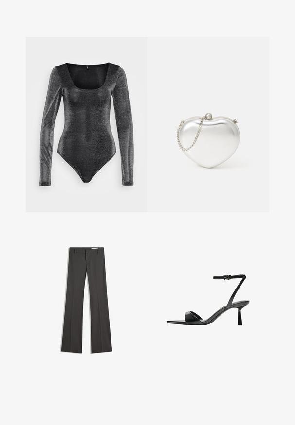 Fekete, hosszú ujjú testhezálló ruha, mély dekoltárral, csillogó, texturált anyagból készült, testhez simuló fazonnal és magas szabású lábnyílásokkal.; Szürke, bővülő nadrág sima anyagból, lapos elejű, övakasztókkal, elegáns fazonban, tiszta vonalakkal.; Bershka Magas sarkú szandálok - black; Szív alakú, fémes ezüst színű clutch táska sima felülettel, csattos záródással és ezüst lánc pánttal.