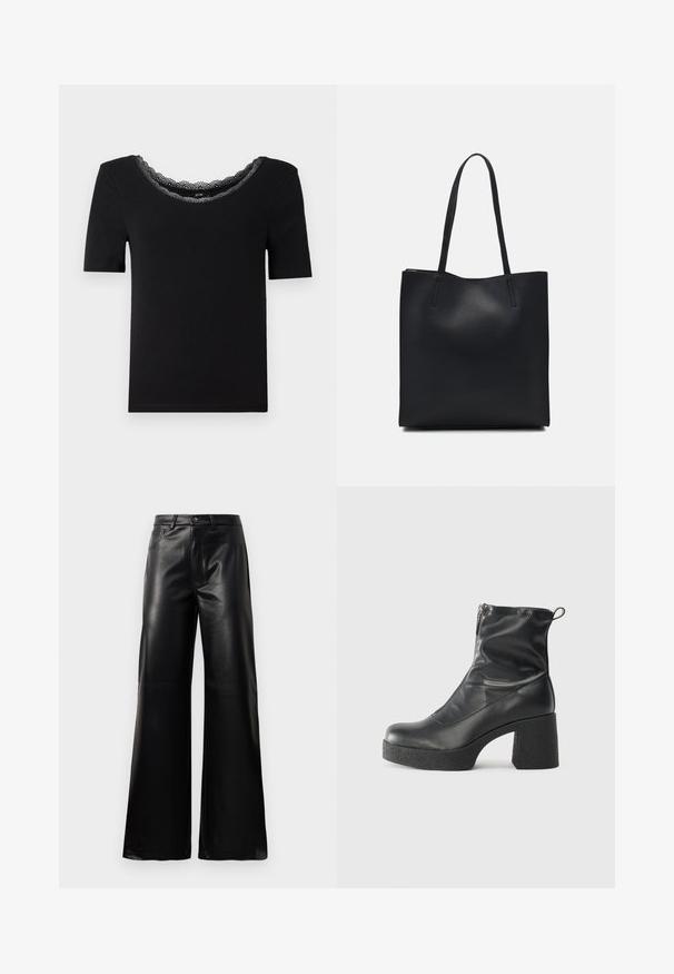 Melna īsām piedurknēm T-kreklu, kas izgatavots no mīkstas auduma, ar viļņotu mežģīņu kakla izgriezumu. Vienkāršs, piegulošs dizains bez rakstiem vai akcentiem.; Melnas augstās jostas platajās kājās sintētiskās ādas bikses ar priekšējo pogu, rāvējslēdzēju, jostas cilpām un sānu kabatām uz baltā fona.; Melni potītes zābaki, kas izgatavoti no gludas ādas, ar sānu rāvējslēdzēju, masīvu strukturētu papēdi un noapaļotu purngalu.; Melnas ādas somiņa ar gludu tekstūru, taisnstūra formu un divām garām rokturiem. Nav redzamu aparatūras vai rotājumu.