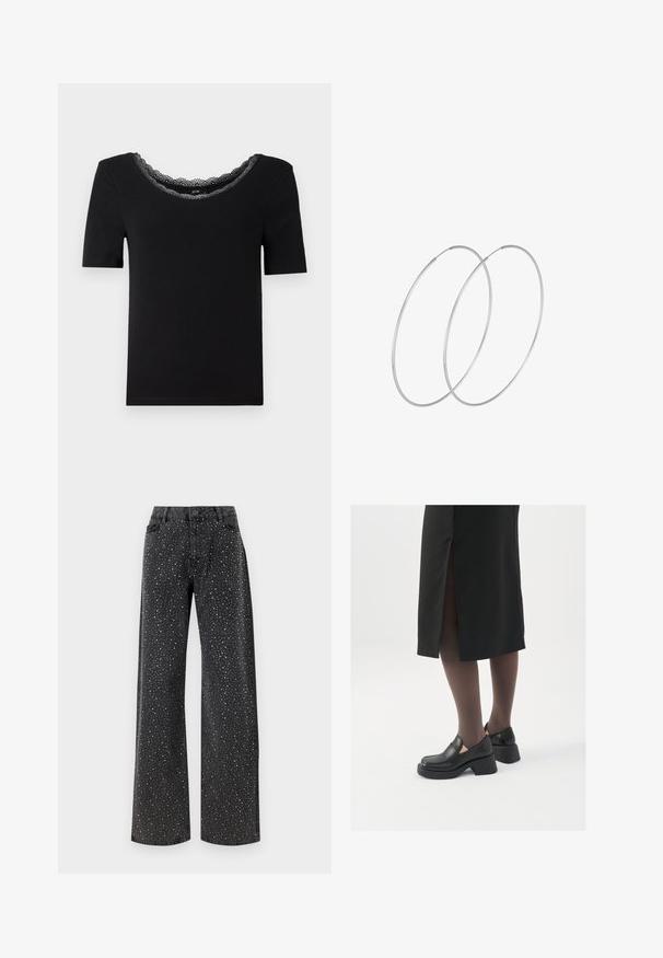 Melna īsām piedurknēm T-kreklu, kas izgatavots no mīkstas auduma, ar viļņotu mežģīņu kakla izgriezumu. Vienkāršs, piegulošs dizains bez rakstiem vai akcentiem.; Noisy May NMJANNEL LOOSE - Brīva piegriezuma džinsi - black denim; Melni ādas apavi ar noapaļotu purngalu, biezām bloku papēžiem un elastīgiem sānu akcentiem, apvienoti ar tumšām zeķubiksēm un melnu svārku ar šķirbu.; Sudraba gredzenveida auskari ar minimālistisku dizainu. Cirkulāra forma, gluda tekstūra un plāns profils. Vieglu svaru ar spīdīgu apdari.