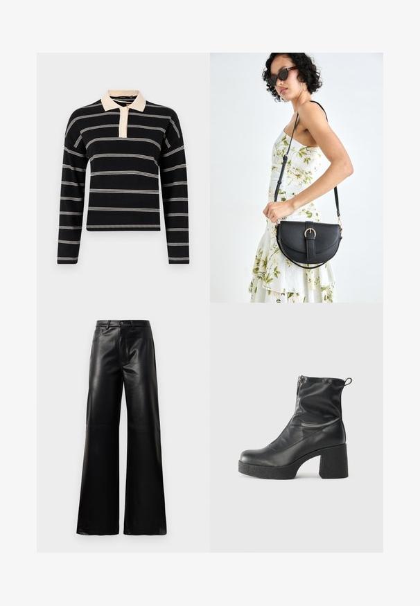 Fekete hosszú ujjú polo ing, krémszínű vízszintes csíkokkal, krémszínű gallérral és három gombos patenttel. Puha kötött textúrájú.; Fekete, magas derekú, széles lábú, műbőr nadrág elülső gombbal, cipzárral, övbújtatókkal és oldalsó zsebekkel, fehér háttérrel.; Fekete bokacsizmák sima bőrből, oldalsó cipzárral, vastag, texturált sarkú és lekerekített orrú dizájnnal.; Fekete bőrtáska ívelt formával, levehető pánttal és arany színű fémrészekkel. A táskán egy csattal díszített fedél található.