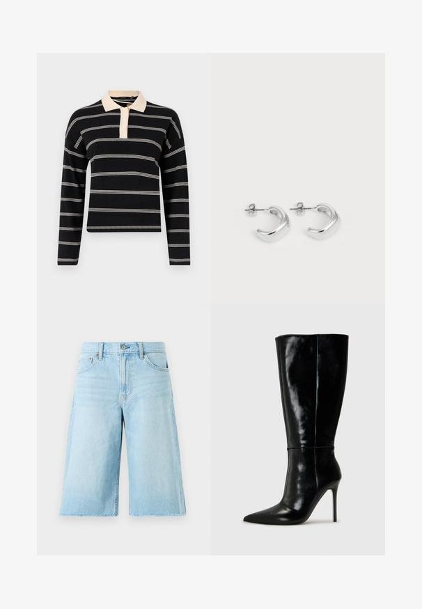 Camisa polo preta de mangas longas com riscas horizontais creme, apresentando um colarinho creme e uma pala com três botões. Textura de malha suave.; Calças de ganga de cor azul-clara, com um ajuste solto, bainha desfiada, cinco bolsos e ferragem metálica. Design clássico de jeans com desbotamento sutil.; Botas de couro pretas até ao joelho com bico fino e salto alto de agulha. Textura suave e design elegante, com detalhes mínimos.; Brincos de argola de prata com um acabamento liso e polido. Forma redonda com um design ligeiramente curvado e bordas suavizadas. Fecho de pino.