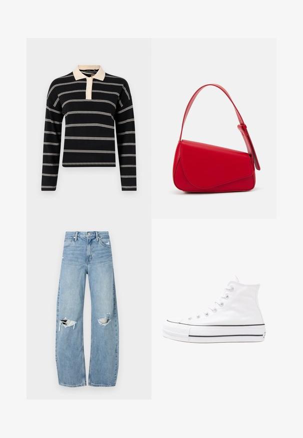 Fekete hosszú ujjú polo ing, krémszínű vízszintes csíkokkal, krémszínű gallérral és három gombos patenttel. Puha kötött textúrájú.; Világoskék, magas derekú farmernadrág. Széles lábakkal, két szakadt térddel és klasszikus öt zsebes dizájnnal rendelkezik.; Fehér magaskorsó vászon sportcipő fekete gumi talppal, elülső gumi orrnyereggel és hat fűzőlyukkal, letisztult, minimalista dizájnnal.; Piros bőr kézitáska szögletes, geometrikus kialakítással. Egy állítható pánttal és varrott részletekkel ellátott fedélzárral rendelkezik.