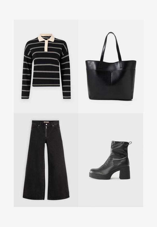 Čierna polo košeľa s dlhým rukávom s krémovými horizontálnymi prúžkami, s krémovým golierom a zapínaním na tri gombíky. Mäkko pletená textúra.; Dlhé nohavice vo voľnom strihu z čierneho denimu so zipsom vpredu, päť vrecúškovým dizajnom a jemnými stehovými detailmi. Hladká textúra a neformálny štýl.; Čierne členkové topánky z hladkej kože, so bočným zipsom, robustnou textúrovanou pätnou časťou a zaobleným dizajnom špičky.; Čierna kožená tote taška s dvoma dlhými rúčkami, hladkým povrchom a štruktúrovaným tvarom. Obsahuje prednú kapsu pre dodatočné uskladnenie.