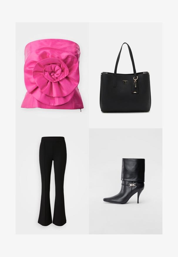 Fuksijast satenasta majica z velikim, opaznim aplikeom cveta z večplastnimi cvetnimi listi, gladko teksturo in strukturirano silhueto.; Črne razširjene hlače iz raztegljivega materiala z gladko teksturo, ki imajo šive spredaj za dodatno oblikovanje.; Črne usnjene gležnjarje z ostrim nosom, visokim stiletto peto, zavihanim robom in zlatim okrasnim zaponko na gležnju.; Črna torba iz teksturiranega sintetičnega materiala, opremljena z dvema ročajoma, z zlatim logotipom in majhno oznako z detajlom v kontrastni barvi.