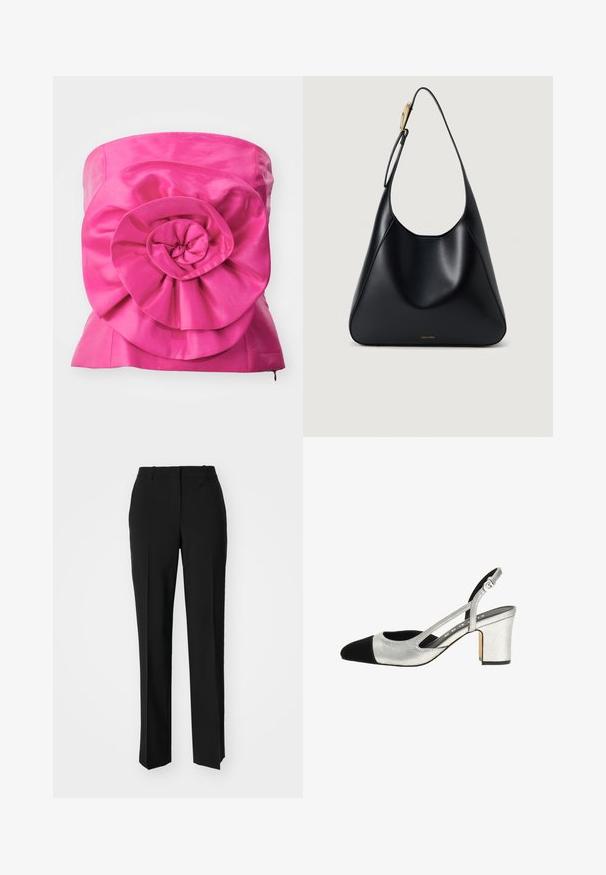 Fuksijos atspalvio satino viršus, kuriame yra didelė, ryški gėlės aplikacija su sluoksniuotais žiedlapiais, lygia tekstūra ir struktūrizuota silueto forma.; Juodi pritaikyti kelnių modeliai su tiesiomis kojomis, pasižyminčios lygiomis tekstūromis ir ryškiomis klostėmis priekyje. Nėra matomų detalių.; Sidabriniai slingback aukštakulniai bateliai su juodu priekiniu pirštu, tekstūruotu paviršiumi ir stambiu kulnu. Yra iškarpytos šoninės dalys ir reguliuojama juosta patogiam prigludimui.; Juodas odinis pečių krepšys su lygiu paviršiumi, kreiviu siluetu ir auksinės spalvos detalėmis. Pagrindinėje dalyje yra išgraviruotas prekės ženklo logo.