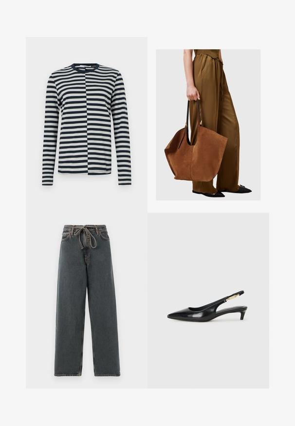 Ilgas rankoves juostuotas marškinis su pakaitinėmis tamsiai mėlynomis ir šviesiai pilkomis juostomis, apvalia iškirpte ir minkšta medvilnės mišinio medžiaga.; Tamsiai mėlynos džinsinės plačios kojų kelnės su raišteliu juosmenyje, matomais siūlais ir lygiu paviršiumi. Pasižymi laisvu siluetu ir tiesiomis kojomis.; Juodas odinis pavasario batelių modelis su smailiu nosiu, turintis siaurą kulniuką ir auksinės spalvos akcentu reguliuojamoje juostoje. Lygi tekstūra.; Ruda zomšinė rankinė su juodomis odinėmis rankenomis, pasižyminti plačia, laisva forma ir minimalizmo dizainu, laikoma asmens su rudomis kelnėmis.