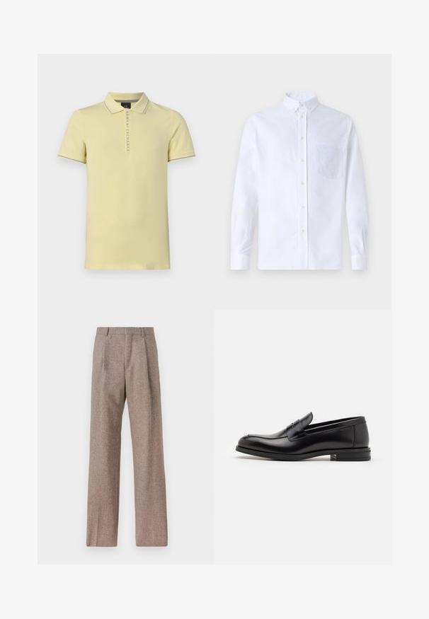 Polo tričko v svetložltej bavlne, s klasickým golierom, krátkymi rukávmi a logom na zapínaní s sivými akcentmi.; Biely dlhý rukáv košeľa s gombíkmi vyrobená z bavlny, s náprsného vrecka s tonálnou výšivkou, golierom a gombíkovými manžetami.; Hnedé, vysoké nohavice vyrobené z texturovanej látky. Majú široké nohavice a dva predné záhyby pre štruktúru. Úhľadné spracovanie bez viditeľného kovania.; Čierne kožené mokasíny s hladkou textúrou, zaoblenou špičkou a dekoračným pásikom cez priehlavok. Nízky vrstvený opätok, minimalistický dizajn.