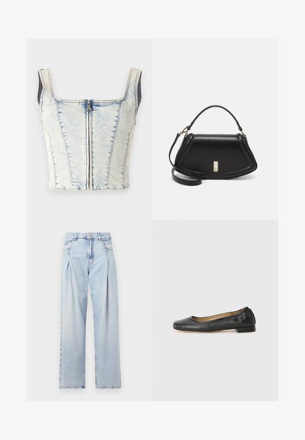 Denim crop top met een vierkante halslijn, lichtblauwe wassing, blootgestelde voorsluiting met rits en dikke banden. Kenmerkt verticale stikseldetails overal.; Lichtblauwe denim jeans met een hoge taille, wijde pijpen, twee zijzakken en geplooid ontwerp. Zachte textuur met een vervaagd uiterlijk.; Zwarte leren balletschoenen met een ronde neus en minimale stiknaden. Lage, rechthoekige hak en een gladde textuur. Subtiele detailvoering aan de binnenkant.; Zwarte leren handtas met een gestructureerd ontwerp, featuring een verkorte vorm, bovenhandvat en gouden hardwareaccent. Inclusief verstelbare schouderband.
