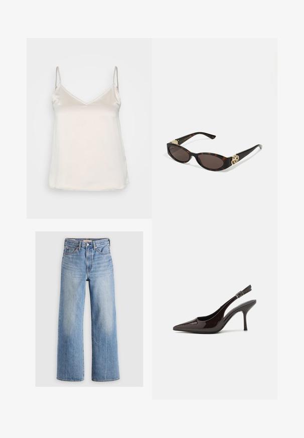 Silky beige camisole with thin adjustable straps and a subtle V-neckline, featuring a smooth, non-textured surface.; Light blue denim wide-leg jeans with a high waist, faded areas, five pockets, and contrast stitching. Classic button and zipper closure.; Slingback high-heeled shoe in glossy dark brown patent leather, pointed toe, open sides, and adjustable ankle strap.; Tortoiseshell sunglasses with elongated oval lenses, brown tint, gold logo accents on temples, and sleek black arms.; Gold swirl earrings with clear backing, featuring textured gold accents and small clear gemstones embedded in the design.