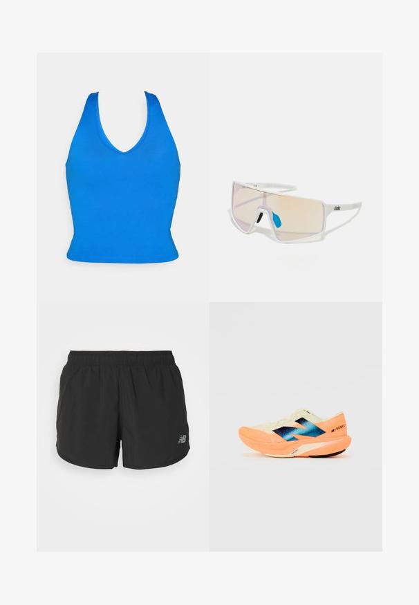 Modra brezrokavnica z globokim V-izrezom, izdelana iz gladkega, elastičnega materiala s prilegnjeno silhueto in čistim robom.; Črne atletske kratke hlače z elastičnim pasom, izdelane iz lahkotnega materiala. Na spodnjem desnem delu se nahaja majhna siva oznaka.; Tekšča za tek z lahkotnim kremnim zgornjim delom, modrim logotipom in oranžnimi poudarki na podplatu. Mrežasta tekstura za zračnost.; Sončne naočale s belim okviru in velikimi, gradientnimi lečami, ki prehajajo iz roza v svetlo oranžno, ter z modrim nosnim delom in logotipom.