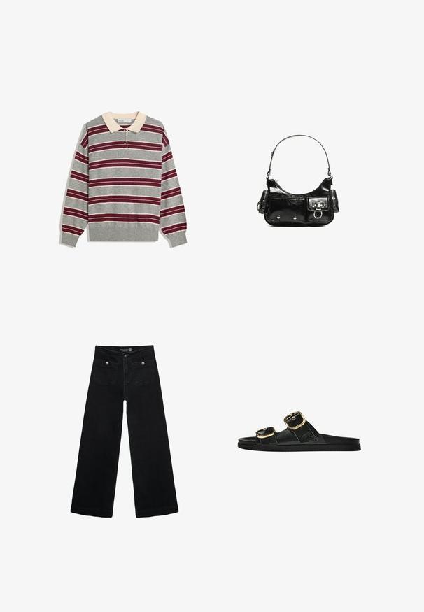 Siv polo srajca z dolgimi rokavi in bež ovratnikom, ki ima vodoravne purpurne in bele črte, tri gumbke in rebraste manšete.; Črne široke kavbojke z visokim pasom, ki imajo dva sprednja žepa in kovinske gumbi. Tkanina ima gladko teksturo.; Črne drsne sandale z dvema zlatima zaponkama, gladkega materiala, ravnim podplatom in minimalističnim dizajnom.; Črna lakasta usnjena torbica s ukrivljeno obliko, enim ramenskim trakom, sprednjimi žepi in srebrnimi kovinskimi dodatki.