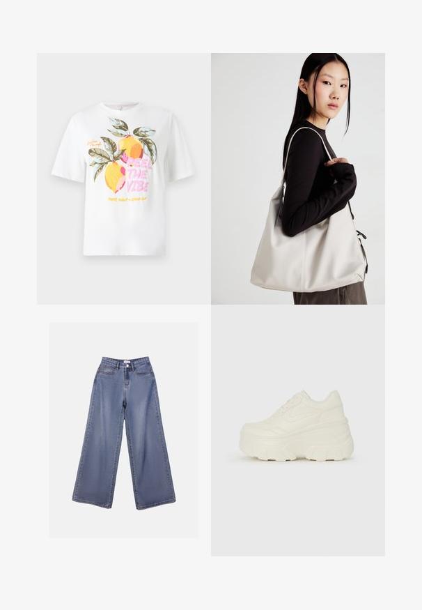 White cotton T-shirt featuring a graphic design of two yellow lemons with green leaves, accompanied by colorful text: “FEEL THE VIBE.”; Wide-leg denim jeans in a light blue wash, featuring a high waist, front pockets, and a button closure with belt loops.; White platform sneakers featuring a smooth leather-like upper, rounded shape, padded collar, and textured rubber sole with defined treads.; Beige handbag made of soft material, featuring a slouchy design, stitched detailing, and two shoulder straps. Suitable for everyday use.