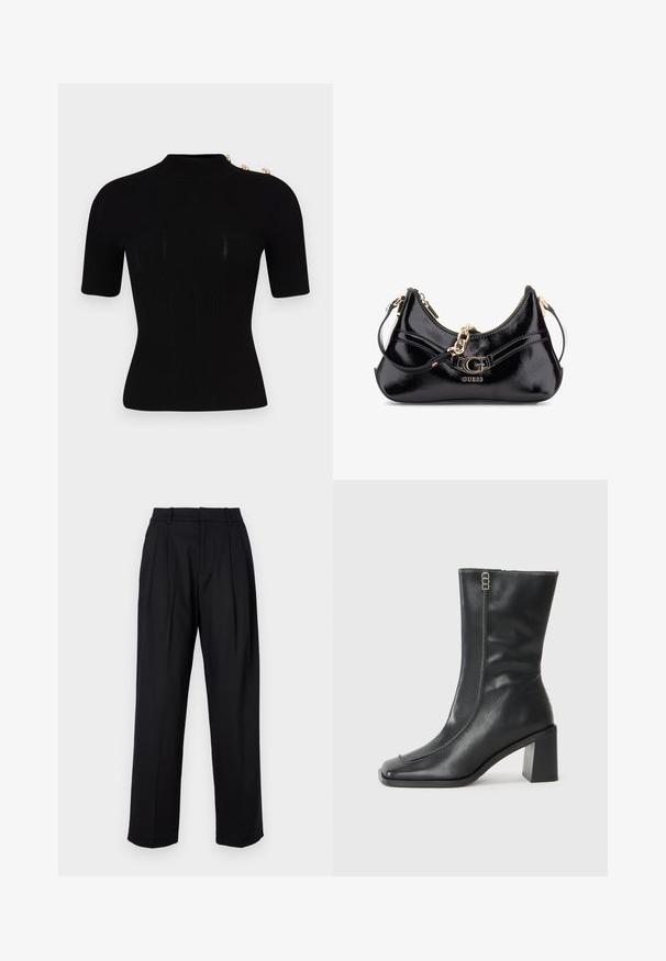 Černý žebrovaný pletený top s vysokým límcem a krátkými rukávy. Obsahuje tři zlaté knoflíky na rameni. Hladká textura.; Černé kalhoty s přizpůsobeným designem, vysokým pasem, sklady a rovnými nohavicemi. Vyrobené z hladké látky s jednou barvou.; Černá kožená kotníková bota se čtveratou špičkou, bočním zipem a robustním čtvercovým podpatkem. Obsahuje kontrastní prošívání podél předního švu.; Lístkový kabelka z černého lakovaného kůže s klenutým designem, zlatými kovovými doplňky a výrazným logem. Obsahuje odnímatelný popruh na rameno.