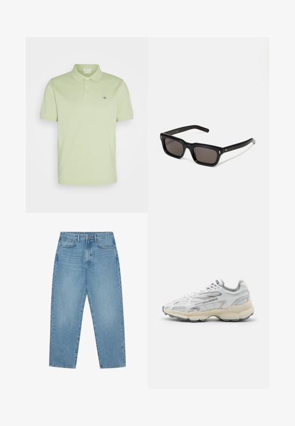 GANT REG SHIELD SS - Pólóing - milky matcha; Világoskék farmer széles szárú nadrág magas derékkal, öt zsebből, övhurkokkal és puha, enyhén fakó textúrával.; Fehér sportcipők szürke részletekkel, hálós és szintetikus felsőrésszel, fűzős kivitelezéssel és texturált gumitalppal, amely tapadásmintákkal rendelkezik.; Fekete téglalap alakú napszemüveg sötét lencsékkel, vastag műanyag keret, arany díszítések a szárakon, és a márka logója gravírozva a szára.