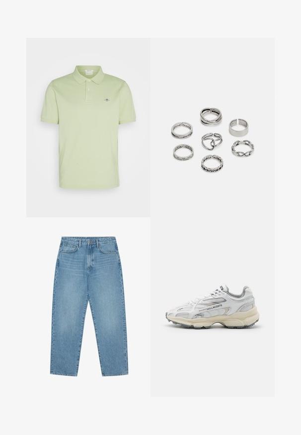 GANT REG SHIELD SS - Polosärk - milky matcha; Heledad tumesinised lai jalgadega teksad kõrge vöökohtaga, millel on viis taskut, vöökohad ja pehme, kergelt pleekinud tekstuur.; Valged spordijalatsid hallide aktsentidega, suvijõud, nailon ja sünteetiline ülemine osa, nöörimise disain ning tekstuuriga kummist tald, millel on haardemustrid.; Seitsme hõbesõrmuse komplekt, millel on erinevad kujundid, sealhulgas keerdunud, seotud ja graveeritud mustrid. Erinevad kujundid ja laius.