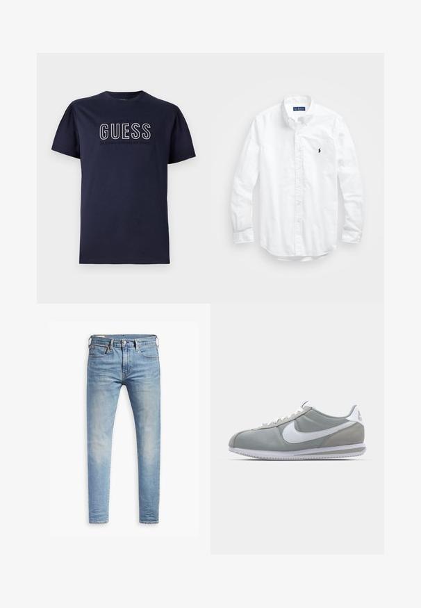 T-shirt de algodão azul-marinho com mangas curtas, apresentando um logotipo "GUESS" em relevo e o texto "CLASSIC AMERICAN STYLE" em branco e cinza. Design simples.; Camisa de botões de manga longa branca em algodão. Apresenta um colarinho clássico, punhos com botão e um pequeno logótipo bordado em azul-marinho no peito.; Jeans slim fit em azul claro com leve desbotamento nas coxas, fecho frontal por botão, passantes para cinto e estilo de cinco bolsos sobre um fundo branco.; Sapatilha atlética cinza com um cabedal em camurça e têxtil, símbolo Nike branco e atacadores brancos. Apresenta uma sola de borracha texturizada e colarinho acolchoado.