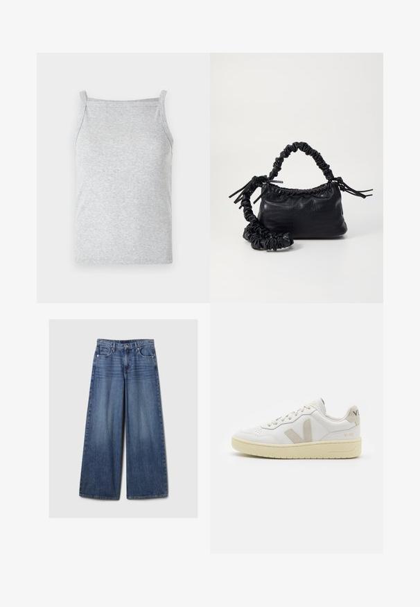 Pilka raštuota treniruotė su plonomis petnešomis ir prigludusia išvaizda, pasižyminti minkšta tekstūra ir be siūlių kraštais patogumui.; Platus mėlynos džinsinės kelnės su išblukusiu paviršiumi, su mygtukų ir užtrauktuko uždarymu, penkiomis kišenėmis ir diržo kilpomis.; Balti odiniai sportbačiai su kreminiais zomšos akcentais, perforuota pirštų dalimi, plokščiomis raišteliais ir struktūruota kreminėmis padomis. Ant kulno yra subtilus ženklinimas.; Juodas dirbtinės odos rankinė su krokodilo tekstūra, sušnibždinta viršuje ir susikraipytu dirželiu. Atrodo minkšta ir kompaktiška.