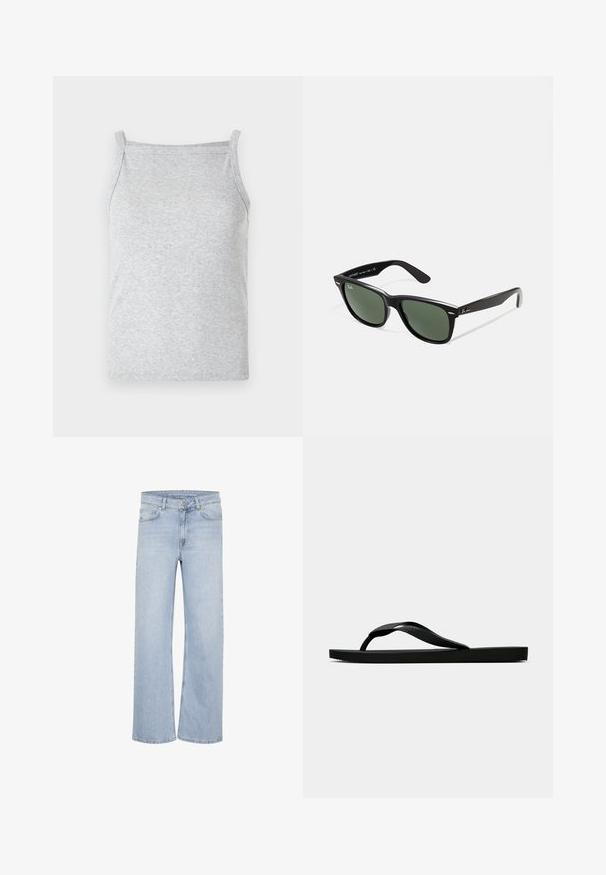 Pelēks ribots bezpiedurkņu tops ar plānām plecu siksnām un pieguļošu dizainu, kuram ir mīksta tekstūra un bezšuvju apdare komfortam.; Gaiši zilas platās kāja džinsu bikses, izgatavotas no denima. Iekļauj jostas cilpas, piecu kabatu dizainu un izšuvumus gar šuvēm.; Melna gumijas flip-flop sandaļa ar teksturētu nolaists jostu un vienkāršu plakanā zole, attēlota no sāniem uz vienkārša gaiša fona.; Melnas plastmasas saulesbrilles ar zaļiem lēciem, kvadrātveida rāmjiem, sudrabainu akcentu uz uzacīm un teksturētām tempļu kājām. Zīmols norādīts uz iekšējās kājas.; DRAGON DIFFUSION MINI FLAT GORA - Rokassoma - dark brown