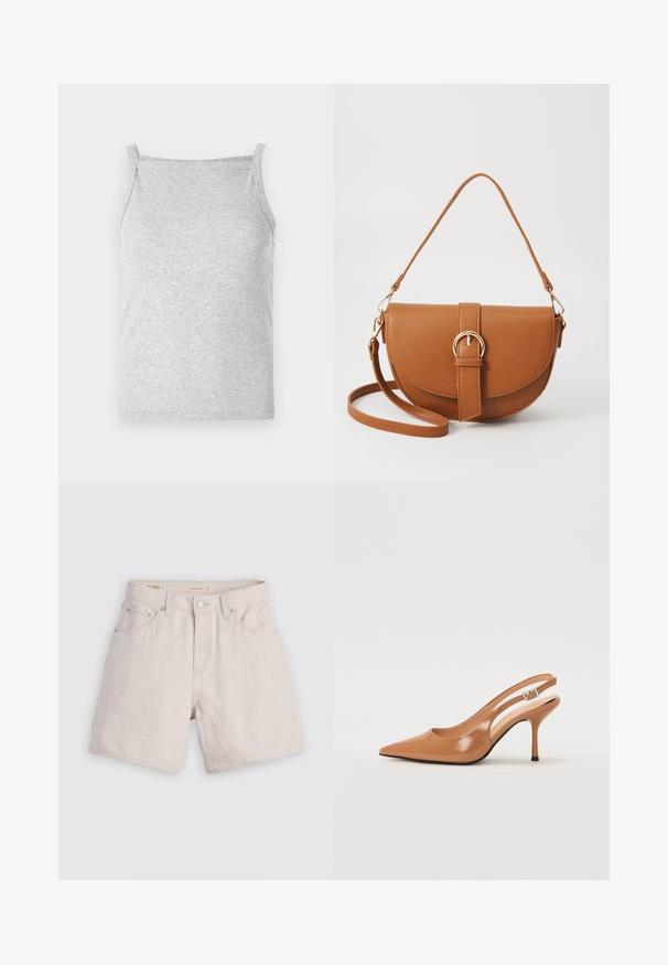 Grå ribbet singlet med tynne skulderstropper og en tettsittende design, med en myk tekstur og sømløse kanter for komfort.; Høyt midjebeige denimshorts med knappfront, beltehemper og fem lommer; lette med en glatt tekstur.; Spiss tå slingback hæl i et glat, glinsende brunt materiale. Har et buet utskårent design og en slank stilett hæl. Sølvspenne detalj.; Brun lærcrossbody-veske med en buet form, gullhardware og et spenneakcent. Har en avtakbar skulderreim.