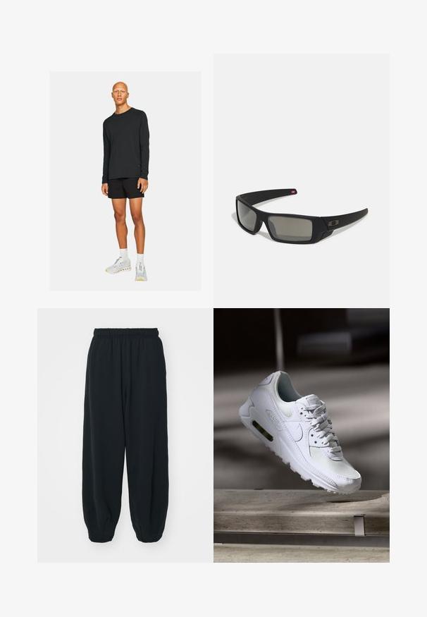 Čierna dlhá bunda s dlhým rukávom skombinovaná s čiernymi šortkami. Model má na sebe biele a šedé športové topánky s akcentmi a stojí na jednoduchom pozadí.; Čierne tepláky s elastickým pásom, vo voľnom strihu, s manžetami na členkoch, hladkej textúry a bez viditeľných vzorov alebo kovových doplnkov.; Biele tenisky Nike Air Max 90 s vrchnou časťou z kože a sieťoviny, perforovanou špičkou a viditeľnou vzduchovou jednotkou v päte.; Čierne slnečné okuliare s matným povrchom, obdĺžnikové šošovky, mierna krivka na straničkách, nenápadný detail loga a šošovky so zafírovaným tónovaním.
