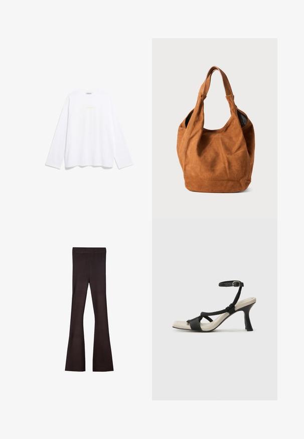 T-shirt bianco a maniche lunghe in cotone con collo a giro e un piccolo logo giallo stampato sul petto. Design semplice e vestibilità comoda.; Bershka Pantaloni - dark brown; Sandal con tacco nero e design con cinturino intrecciato, punta quadrata e cinturino alla caviglia regolabile. Soletta beige chiaro con tacco nero lucido.; Borsa a spalla in suede marrone con una texture morbida, forma curvata e due manici. Presenta un design minimalista senza hardware o accenti visibili.