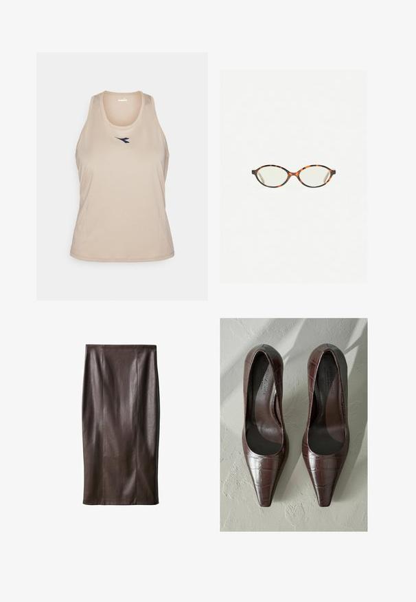 Bež majica bez rukava izrađena od glatkog, laganog materijala. Ima okrugli izrez i mali mornarski logotip na prednjoj strani.; Smeđa kožna suknja olovka glatke teksture, do koljena, s vertikalnim šavovima za dizajn. Bez dodatnih elemenata ili ukrasa.; Smeđe lakirane kožne štikle s oštrim vrhom, s krokodil uzorkom i glatkom unutrašnjošću. Dizajnirane za elegantan izgled.; Naočale u boji kornjače s ovalnim staklima i elegantnim, glatkim završetkom. Imaju tanke strane s suptilnom krivuljom na sljepoočnicama. Prozirna stakla.; Crna kožna torba za rame s glatkom teksturom, zakrivljenim oblikom i jednim podešivim remenom koji ima zlatne metalne detalje i brendirani akcent.