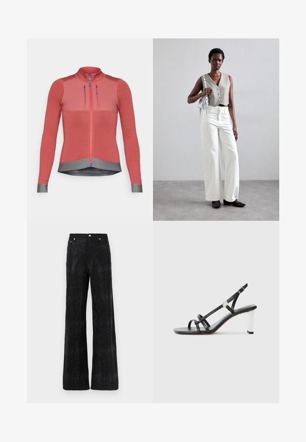 Giacca da ciclismo color lampone con maniche lunghe, tessuto testurizzato, zip frontale completa, orlo grigio, tiranti della zip blu e dettagli riflettenti.; Pantaloni a gamba larga neri con superficie texture, caratterizzati da un motivo scintillante. Finiti con una vita standard e dettagli con bottoni metallici.; Sandali neri con tacco alto caratterizzati da molteplici cinghie sottili, design slingback e un accento in argento sul tacco. Materiale superiore liscio e tacco quadrato.; Gilet grigio corto con bottoni, abbinato a jeans bianchi a gamba larga e scarpe basse nere. Accessoriato con una piccola borsa argento con frange.