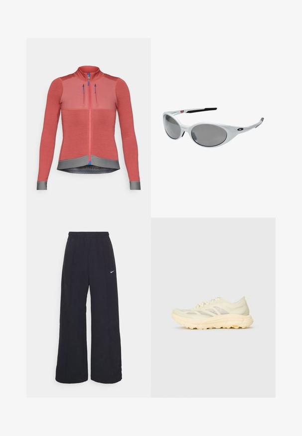 Veste de cyclisme de couleur framboise avec manches longues, tissu texturé, fermeture à glissière sur toute la longueur, ourlet gris, tirettes de fermeture éclair bleues et détails réfléchissants.; Pantalons larges noirs avec une taille élastique et un petit logo Nike blanc. Le tissu a une texture lisse, conçu pour le confort et un style décontracté.; Baskets de sport beige clair avec empeigne translucide, semelle épaisse et rembourrée, lacets sur le côté et logo Vibram sur la semelle extérieure.; Lunettes de soleil en plastique blanc avec de grandes lentilles ovales, teintées en gris. Caractéristiques de plaquettes noires et d'un petit logo sur la monture. Fini lisse.