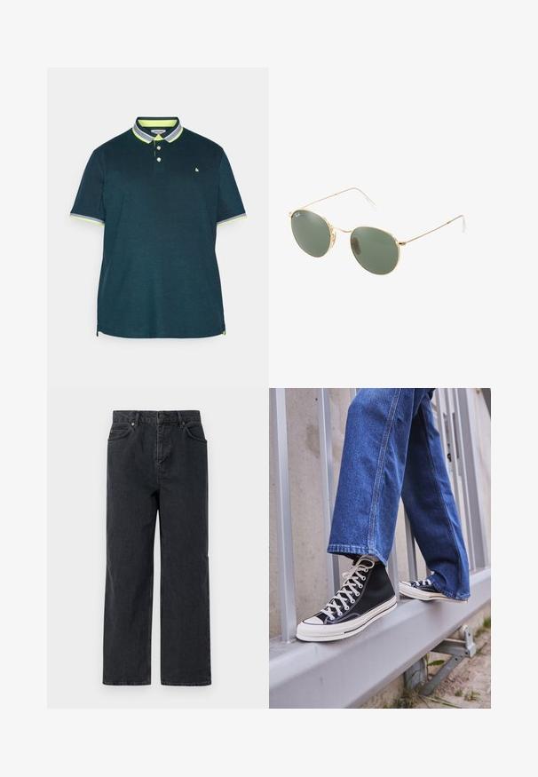 Dunkelblaues Poloshirt mit einer Knopfleiste mit zwei Knöpfen. Verfügt über einen kontrastierenden neongrünen Kragen und Ärmelakzente. Weicher Stoff mit klassischer Passform.; Dunkelblaue Denim-Hosen mit weitem Bein, Fünf-Taschen-Design und Knopfverschluss. Enthält Hardware in kupferfarbener Ausführung und eine subtile Textur.; Schwarze High-Top-Sneaker mit weißer Sohle und Schnürsenkeln, kombiniert mit lockeren blauen Jeans, die auf einem grauen Geländer ruhen.; Sonnenbrille mit goldfarbenem Metallrahmen und grünen Gläsern, runder Form, dünnen Bügeln und weißen Kunststoffakzenten an den Enden der Bügel.