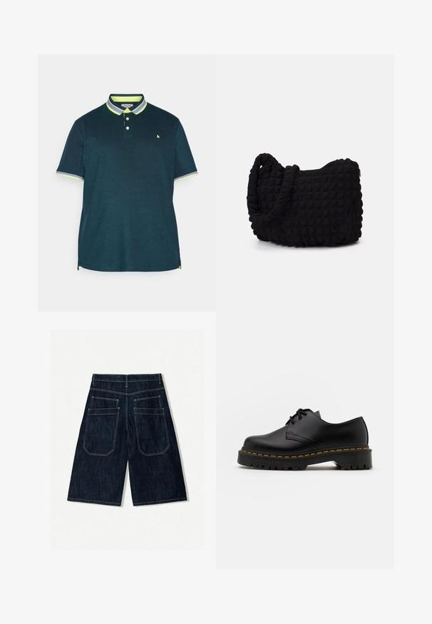 Mørkeblå polo T-shirt med en to-knap lukning. Har kontrastfarvet neongrøn krave og ærmeaccent. Blødt stof med en klassisk pasform.; Mørkeblå denimshorts med en løs pasform, som har to baglommer, kontrastsyninger og design med lige ben.; Sort læder snøresko med en rund tå, tekstureret gummisål og gule stikninger omkring bunden. Flad design og glat finish.; Sort stofpose med en struktureret, quilted mønster. Rund form, korte, tykke håndtag, og en blød, fleksibel struktur.