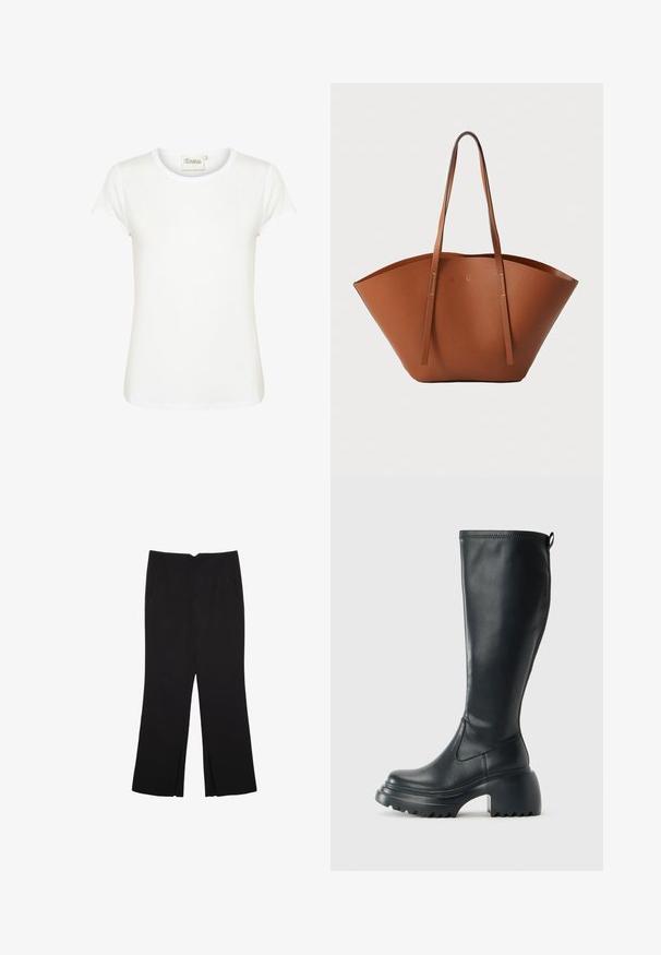 Weißes Kurzarm-T-Shirt mit rundem Halsauschnitt, aus weicher Baumwollqualität gefertigt. Verfügt über eine glatte Textur und ein minimalistischesDesign.; Schwarze Hose mit geradem Schnitt, ausgestattet mit Fronttaschen und Seitenschlitzen am Saum. Hergestellt aus weichem, glattem Stoff. Geeignet für verschiedene Anlässe.; Hoher schwarzer Lederstiefel mit einer robusten Plateausohle und Blockabsatz, der über eine Zuglasche und ein strukturiertes Profil an der Außensohle verfügt.; Braune Leder-Tote mit einer breiten, strukturierten Form, dünnen Griffen und einer strukturierten Oberfläche. Bietet ein minimalistisches Design ohne sichtbare Beschläge.