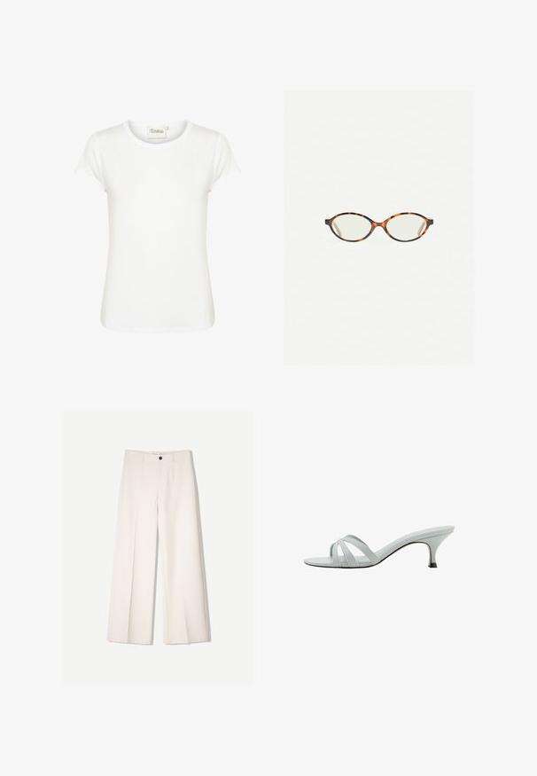 Witte korte mouwen t-shirt met een ronde hals, gemaakt van zachte katoenen stof. Beschikt over een gladde textuur en een minimalistisch ontwerp.; Crème brede broek met een tailored ontwerp, voorzien van twee voorzakken en een enkele sluiting met een knop aan de voorkant, gemaakt van een gladde stof.; Lichtgrijze hakken met drie kruislings geplaatste banden, een slank profiel en een taps toelopende hak. Gladde textuur met een lichtglanzende afwerking.; Kattenoogbril met ovale lenzen en een strakke, gladde afwerking. Heeft dunne zijkanten met een subtiele kromming bij de slapen. Transparante lenzen.