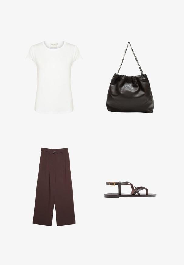 Biele tričko s krátkym rukávom a okrúhlym výstrihom, vyrobené z jemnej bavlnenej tkaniny. Vyznačuje sa hladkou textúrou a minimalistickým dizajnom.; Stradivarius WIDE-LEG WITH BUCKLE DETAIL - Nohavice - dark brown; Hnedé kožené sandály s krížovými popruhmi, uzatváraním na pracku okolo členku a plochou podrážkou s minimálnymi ševmi.; Hnedá kožená taška so zberaným vrchom a reťazovým popruhom. Hladký povrch s lesklým finišom a jemným švom po stranách.