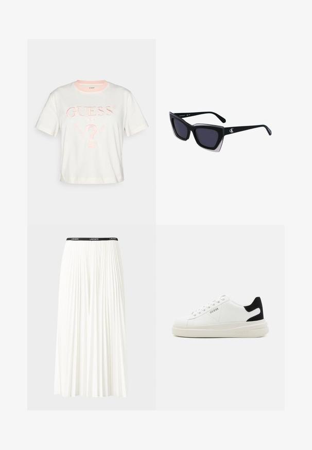 Bílý tričko s krátkým rukávem a růžovým límcem, s vyšitým logem "GUESS®" a designovými prvky pro "WASHED JEANS" ve světle růžové.; Záhybová bílá sukně s černým elastickým pasem s logem "LACOSTE". Suška je střední délky a má jemnou texturu.; Bílé kožené tenisky s tlustou bílou podrážkou, černým semišovým akcentem na patě a vyraženým logem na boku. Šněrovací design se šesti očka.; Černé oversized sluneční brýle geometrického tvaru, s tmavými skly a kontrastním šedým detailem na rámu. Logo na rameni.
