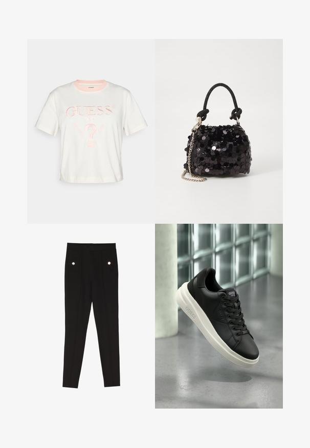 Hvit kortermet t-skjorte med rosa krage, med brodert "GUESS®"-logo og designelementer for "WASHED JEANS" i lys rosa.; Sorte skreddersydde bukser med en glatt tekstur, som har to frontlommer med dekorative maskinvaredetaljer, og en slim-fit design.; Svart lav-kutt Guess sneaker med hvit såle, snøring og merkevare på siden og tungen, vist mot en glassblokkvegg bakgrunn.; Svart paljettmini-veske med en knyttet teksturert stropp og sølvkjede. Rund form med samlet topp og reflekterende detaljer.